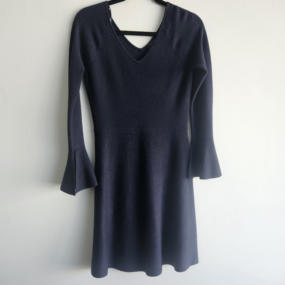 Ann Taylor Navy Blue V Neck Fit And Flare Bell Sleeve Dress Thick Material